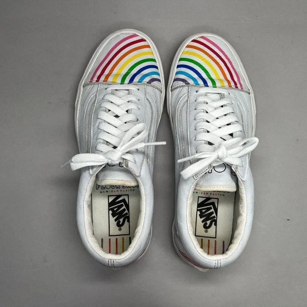 Vans Flour Shop Sneakers Women's Size 10.5 White Leather Old Skool Rainbow Shoes
